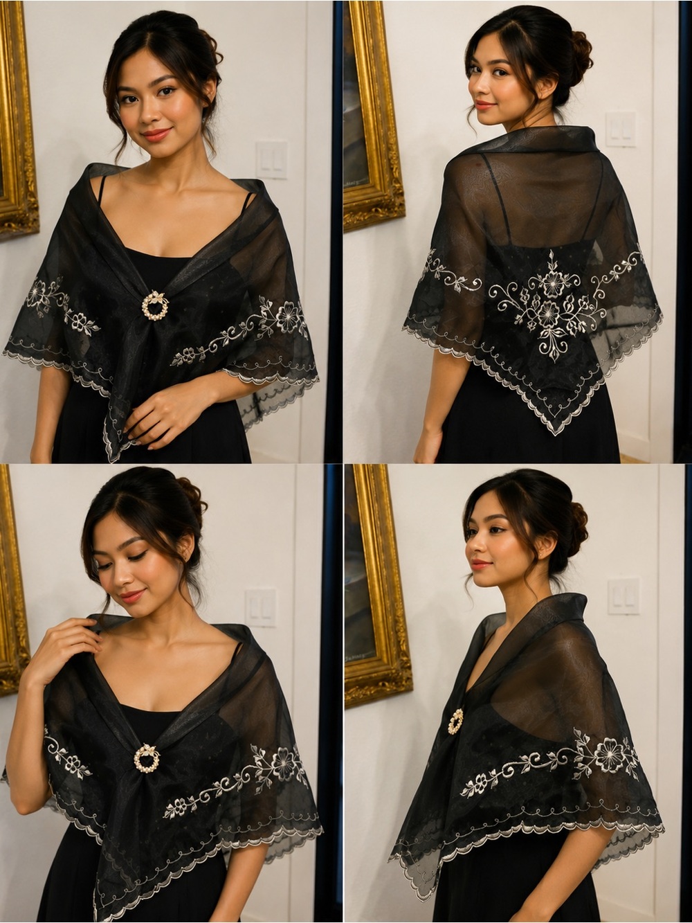Filipiniana Alampay Organza Sheer Black Embroidered Shawl. No brooch included